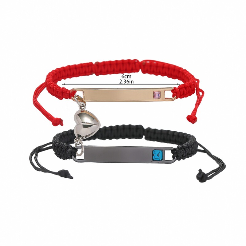 High-End Curved Tag Bracelet for Couples, Heart-Shaped Magnetic Chain Bracelet, Zinc Alloy Blank Diamond-Encrusted Curved Tag Woven Jewelry