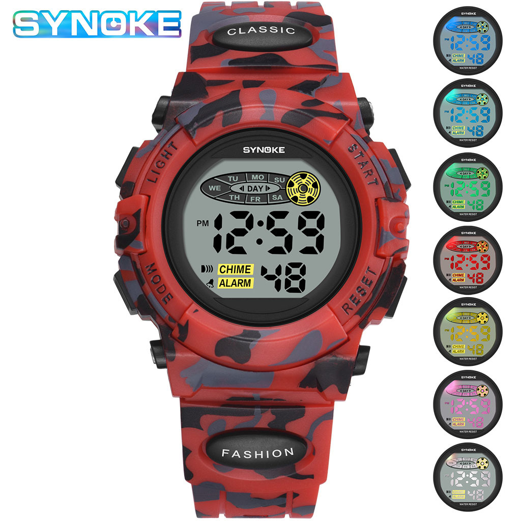SYNOKE nuevo sudeste asiático popular colorido luminoso niños estudiante reloj electrónico personalizado camuflaje reloj deportivo