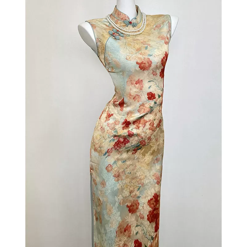 Красивое платье-чонсам в новом китайском стиле с цветочным принтом, летнее платье для молодых девушек, 2025 год.