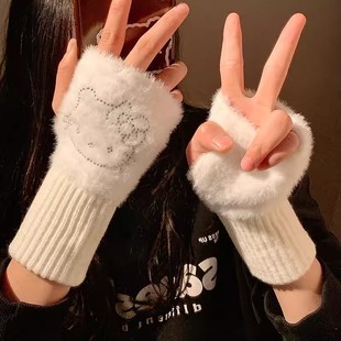 Cute Kt Cat Warm Wool Half Finger Gloves Women's Winter Plush Knitted Wrist Protection Touch Screen Office Student Writing