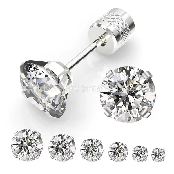 Round Cross-Border Zircon Earrings with Stainless Steel Posts, Four-Prong Diamond-Encrusted Earrings, Ear Bone Studs, Cochlear Studs, Piercing Jewelry Wholesale