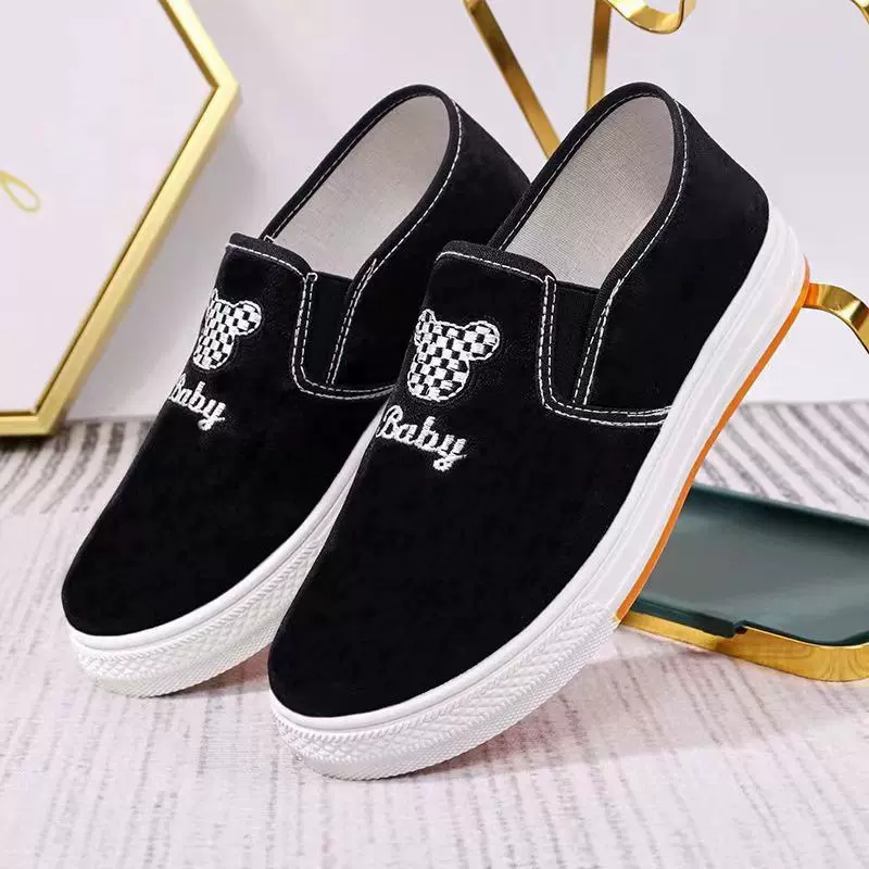 新款2024韩版帆布鞋女加厚底一脚蹬休闲百搭卡通学生鞋女鞋批发