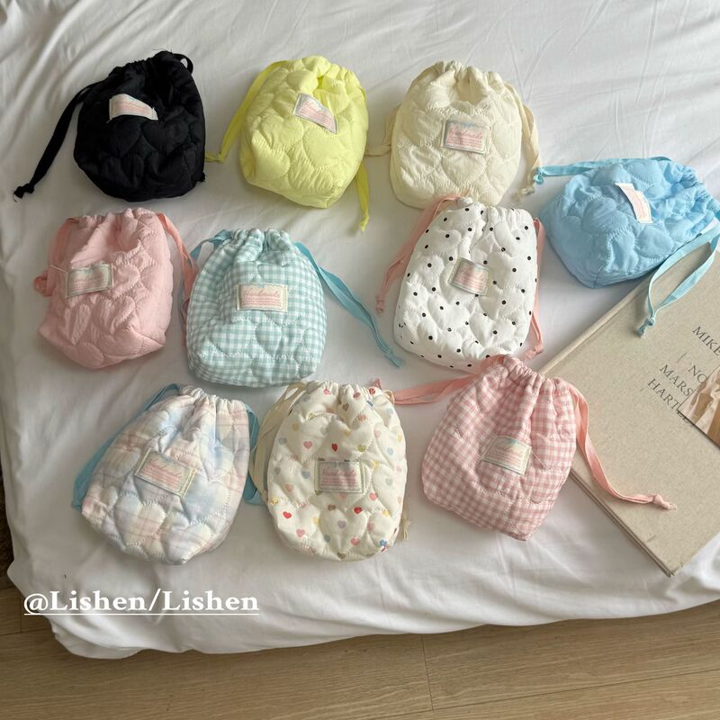 Korean Ins Heart Quilted Drawstring Bag Suitable for Camera, Polaroid, Cosmetics Storage, Simple Portable Anti-Drop Bag