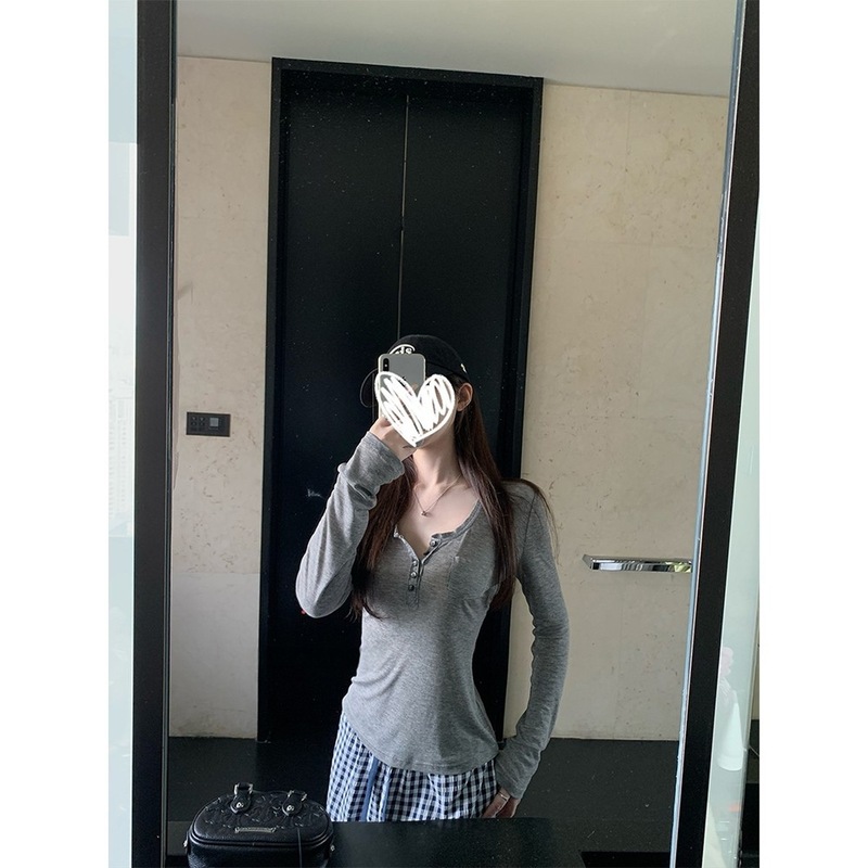 韩系百搭亨利领单排扣设计修身显瘦针织长袖女早秋新款休闲上衣|undefined