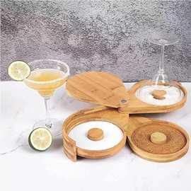 竹木三层旋转盐边盒果汁鸡尾酒调味盒竹制调味罐沾盐器糖边盒