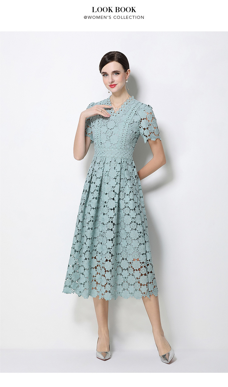 Đầm maxi nữ cổ V ren thắt eo tay ngắn họa tiết rỗng — màu đen, Rượu vang đỏ, màu hồng đậm, màu trắng chi tiết 64