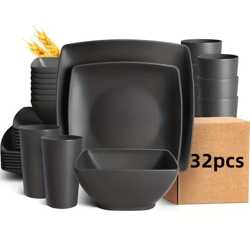 Cross-Border E-Commerce Best-Selling Wheat Straw Square Steak Plate Salad Bowl 4-Person Plate Bowl Cup 16Pcs Gift Set