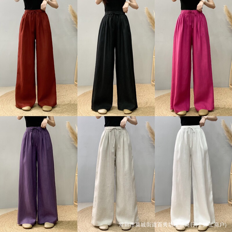 Pure Linen Casual Pants 2026 Spring New Style Women's Retro Waist-Tie Solid Color Simple Extended Wide-Leg Trousers