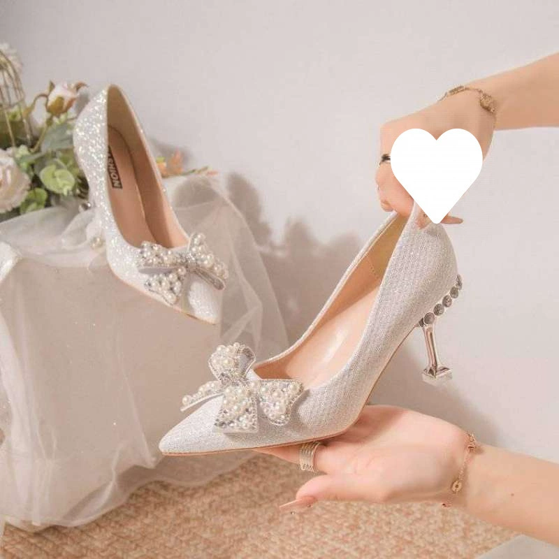 Французские свадебные туфли с кристаллами для женского свадебного платья 2025 года, новый стиль с юбкой, серебряные высокие каблуки-шпильки, два варианта ношения, не утомляют ноги