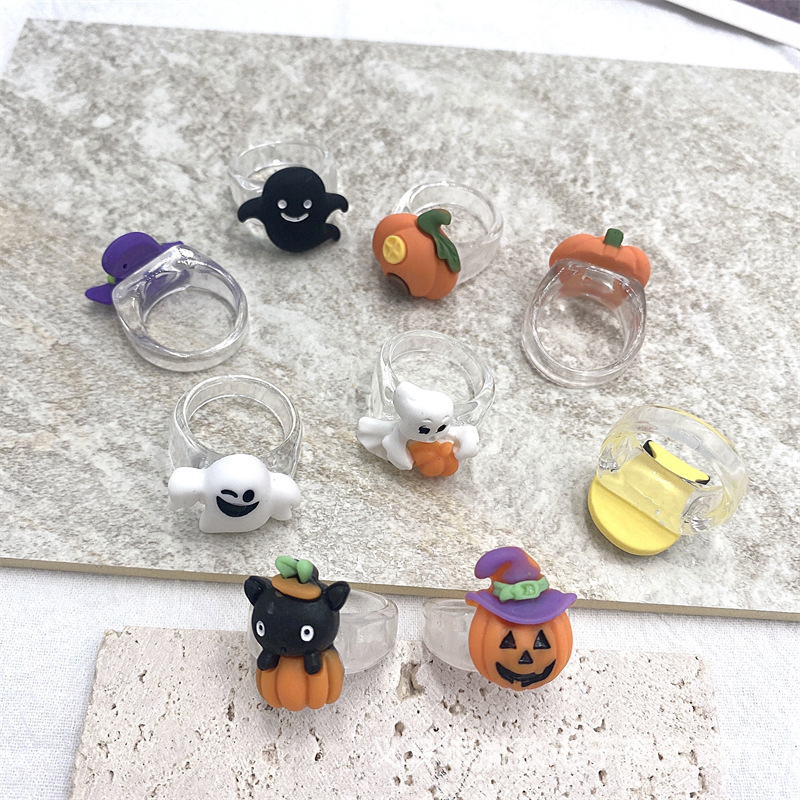 Nueva historieta de Halloween calabaza cráneo resina anillo personalizado diversión vacaciones atmósfera anillo