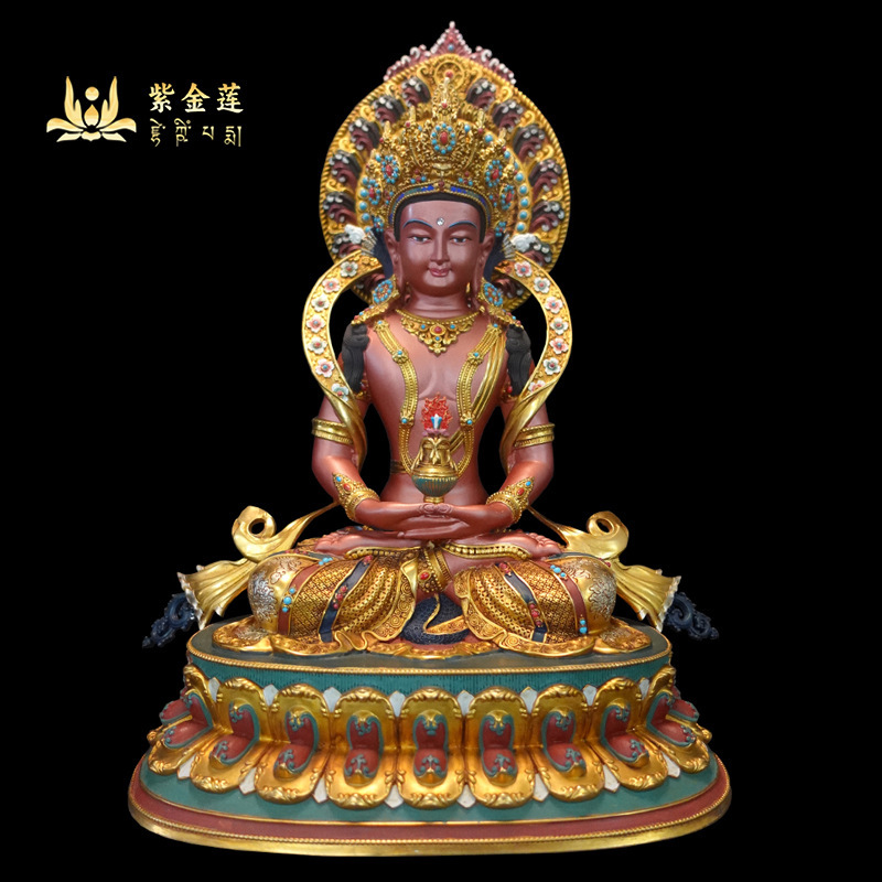 紫金蓮ネパールチベット工芸蔵伝密宗彩絵長寿純銅手作り彫刻|undefined