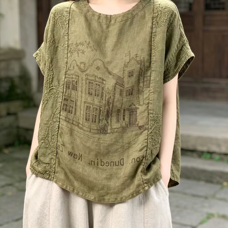 Vintage Printed Ramie Shirt for Women 2026 New Summer New Chinese Style Pullover with Diagonal Collar and Tie-Up Blouse Top