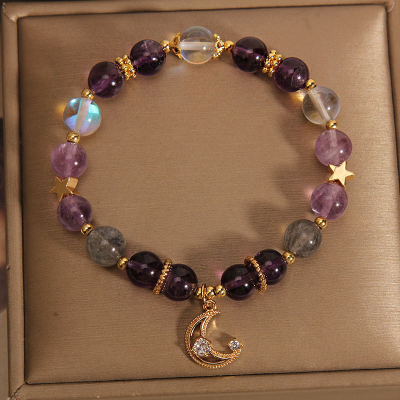 Pulsera de amatista natural hembra ins nicho Luz de lujo retro gris luz de la luna estrella Luna pulsera regalo para novias estudiantiles