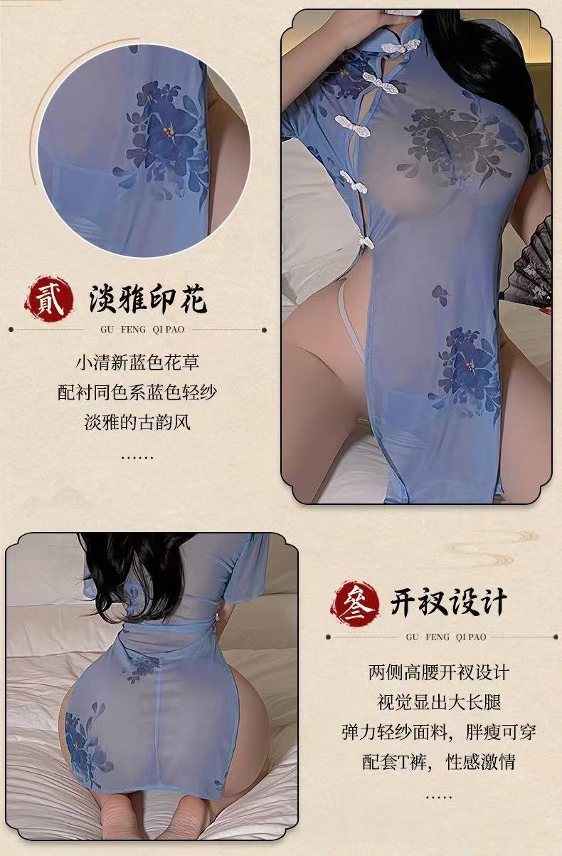 Ink Jiangnan Cheongsam Costume Set, See-Through High-Waist Slit One-Piece with Panties, Polyester — detail image 6