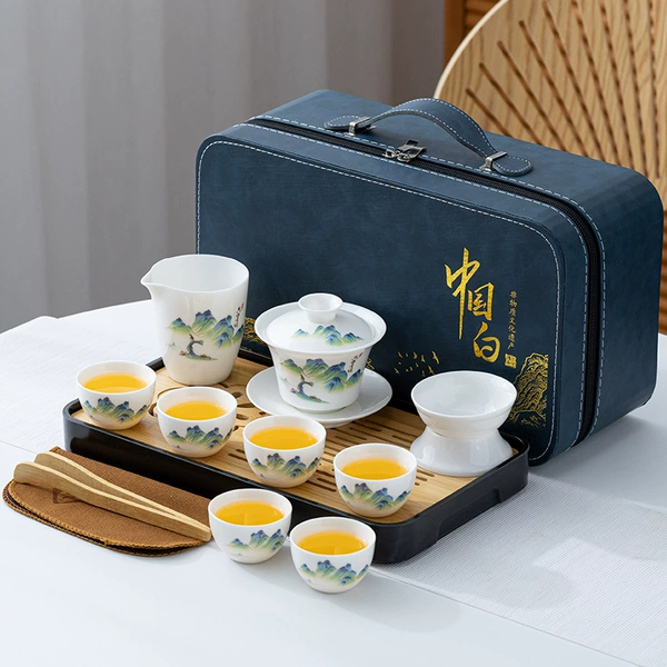 Suet-fat Jade Travel Tea Set (Green Only) - Blue Leather Bag