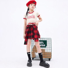 儿童爵士舞表演服装女童韩版露脐格子裙套装少儿流行舞JK演出服装