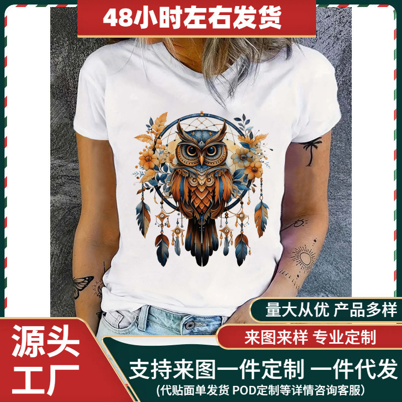 Women's Boho Dreamcatcher Owl Short Sleeve T-Shirt Bright Floral Print Round Neck Top