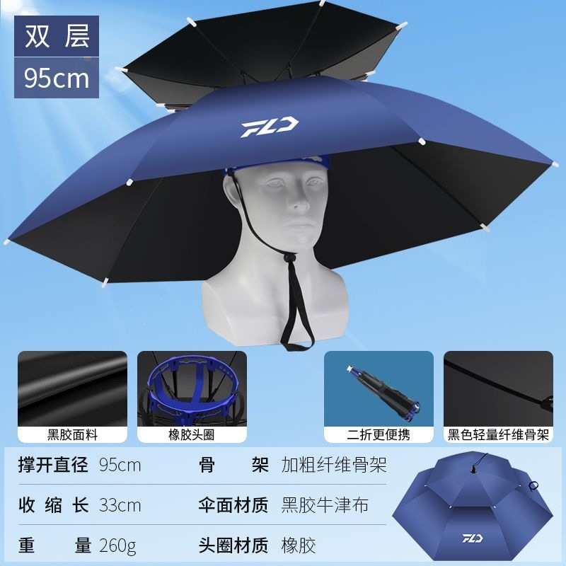 Double-Layer Windproof and Rainproof Fishing Umbrella Hat, Head-Mounted Umbrella, Sun Protection, Foldable Overhead Umbrella Hat, Outdoor Sunshade for Fishing