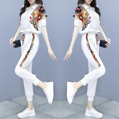 运动休闲套装女夏季2021新款时尚洋气宽松韩版短袖胖MM两件套潮