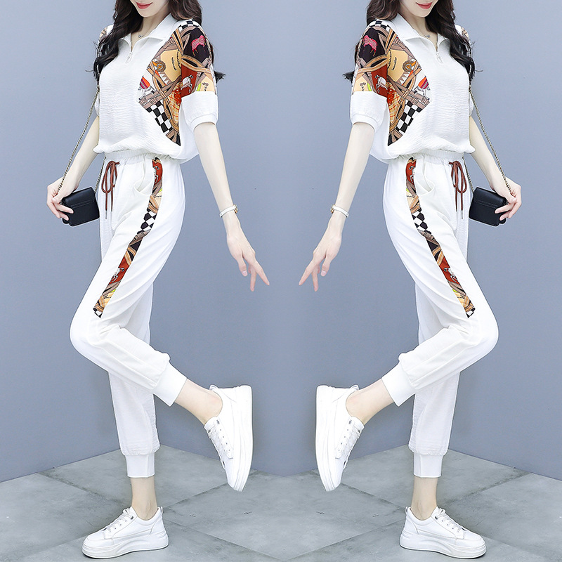 运动休闲套装女夏季2021新款时尚洋气宽松韩版短袖胖MM两件套潮