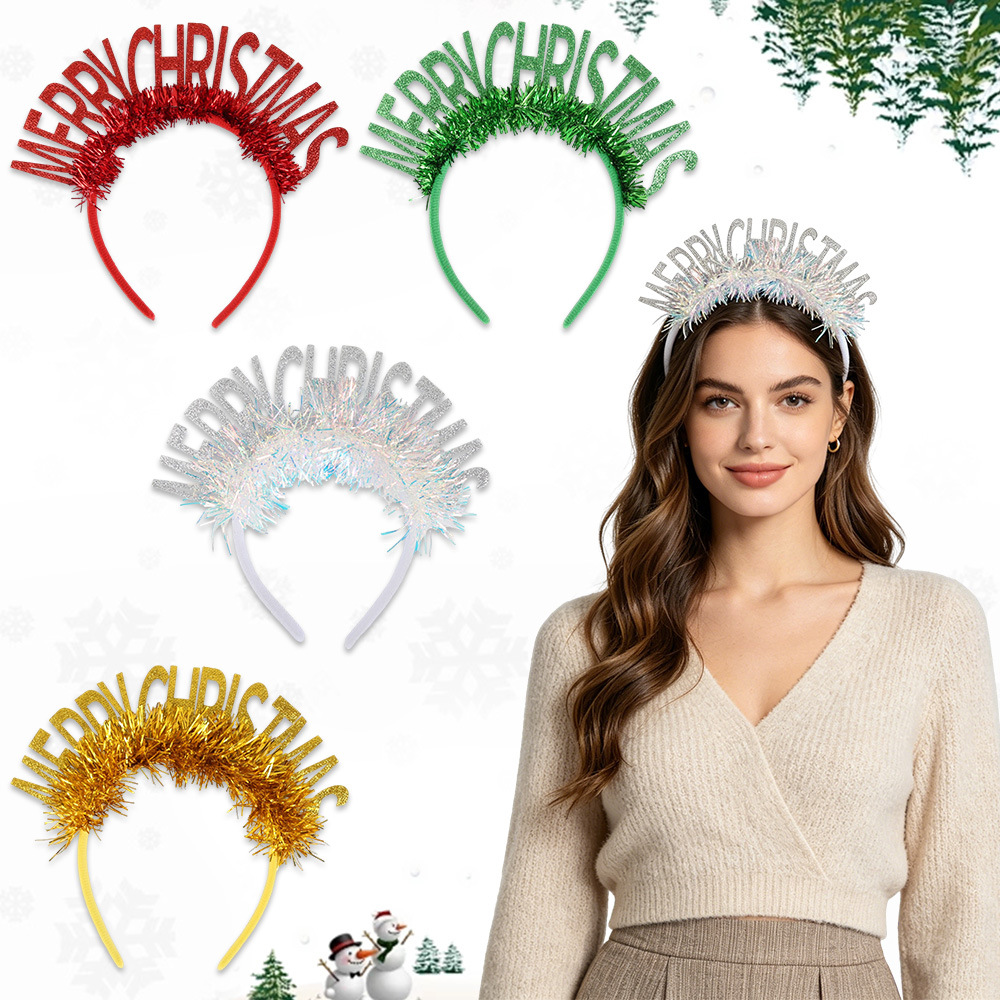 Navidad brillante polvo de letras inglesas adornamiento para el cabello decoración de fiesta de Navidad MERRYCHRISTMAS bandas de cabeza de colores