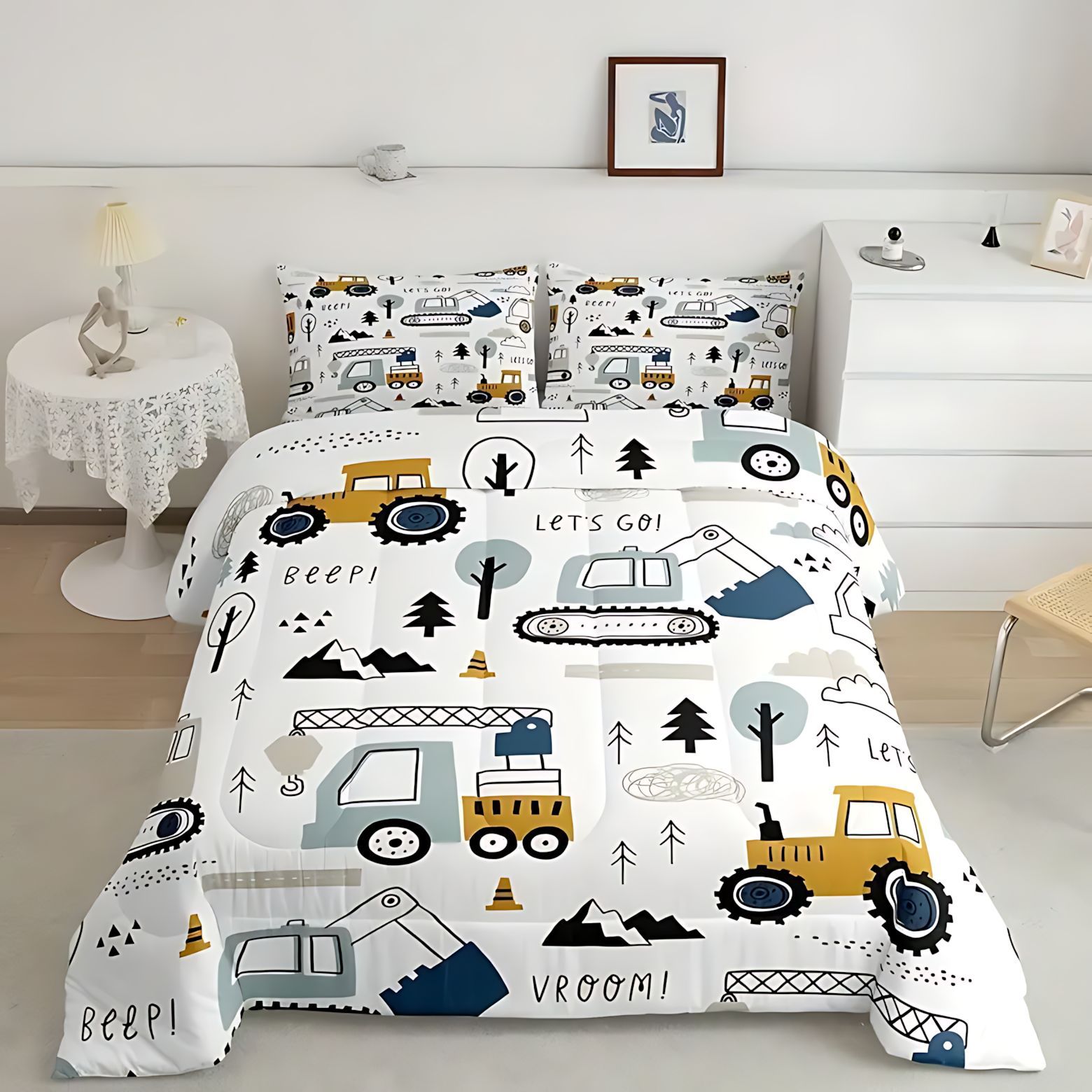 TEMU / JIT Transfronterizo Camión de dibujos animados impresión digital HD 180gms colcha colcha almohada conjunto de ropa de cama