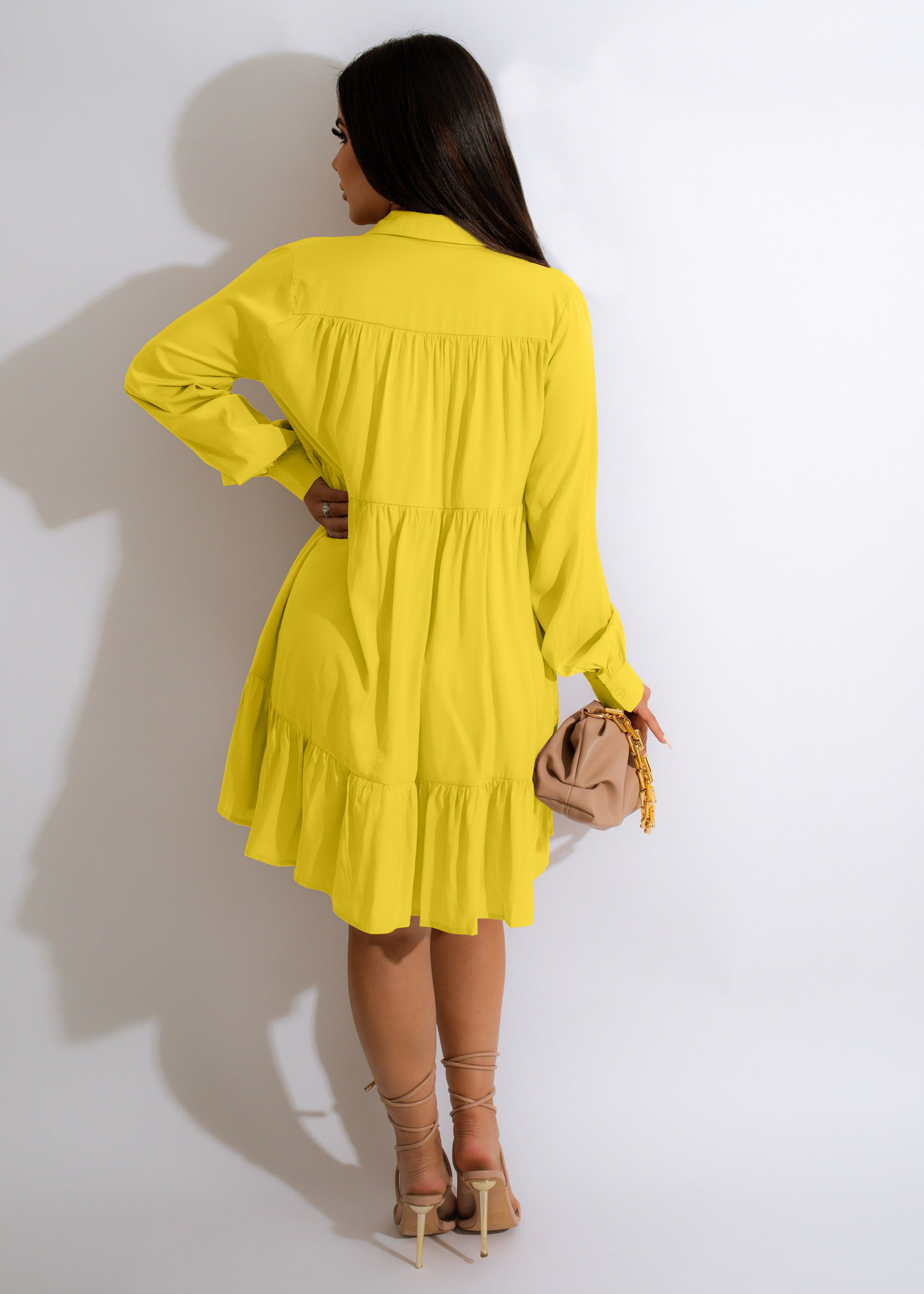 solid color Long Sleeve Pleated Lapel Shirt Dress NSLML136490