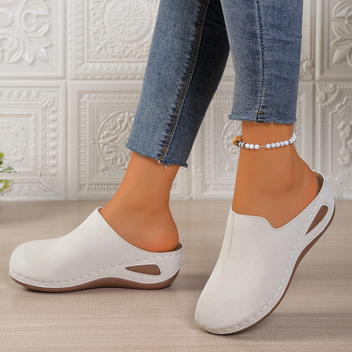 Summer new arrival women's outdoor wedge sandals, large size, thick-soled, European and American style, slip-on closed-toe half-sandals, wholesale, size 43.