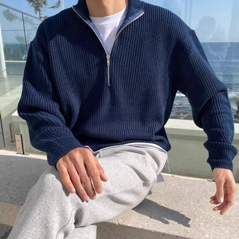 Korean Style Half-Zip Knitwear Korean Style Loose Lapel Simple Knitwear High-End Pure Color Pullover Top for Boys Korean Style Half-Zip Knitwear Korean Style Loose Lapel Simple Knitwear High-End Pure Color Pullover Top for Boys