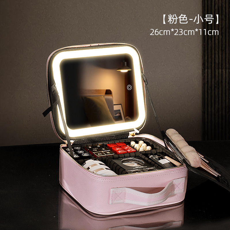 Neceser de maquillaje con luz LED y espejo, portátil, gran capacidad, modelo 2024 profesional.