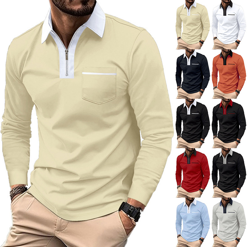 Camisa polo de manga larga de otoño americano para hombre transfronterizo 2025 Camiseta de hombre con solapa de manga larga delgada con media cremallera de Amazon