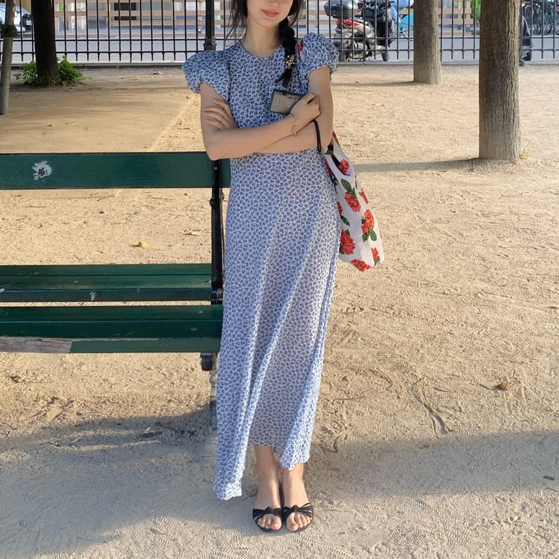French-Style Niche 26 Summer New Sweet Youthful Floral Puff Sleeve Round Neck High-Waisted Slimming Dress Women's Long Dress