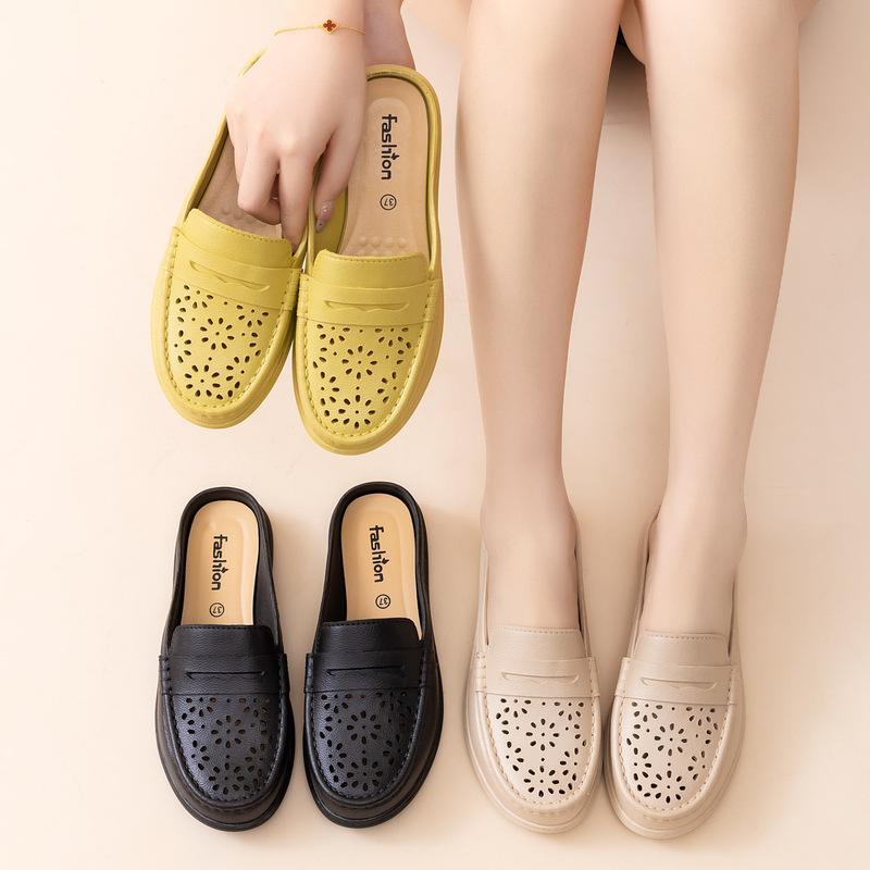 New Style Flat Non-Slip Closed-Toe Slippers for Middle-Aged Moms, Faux Leather Mid-Heel Clogs for Outdoor Wear, Women's Slippers