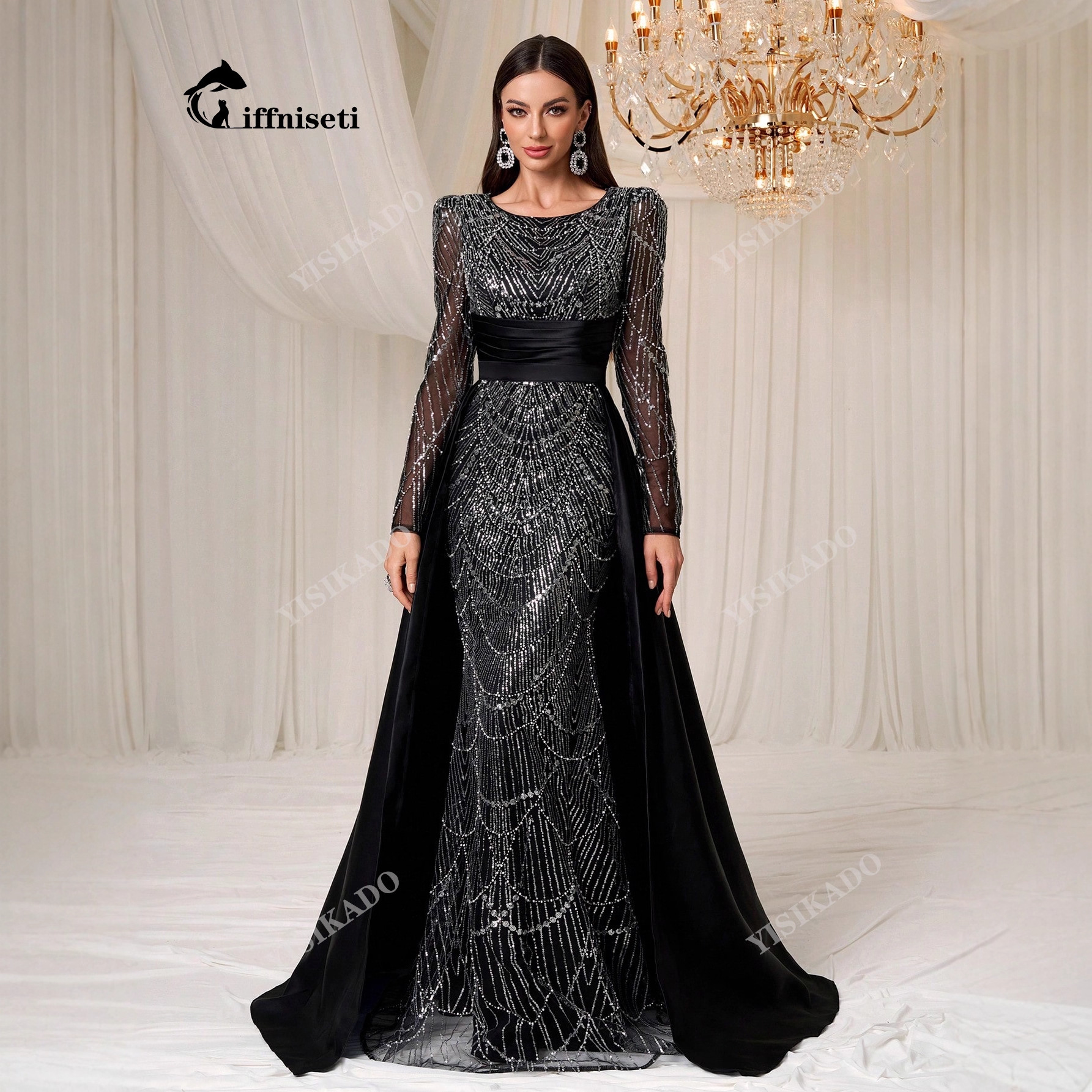 Cross-Border Classy Sequined Beaded Evening Dress Long-Sleeved Cape Detachable Two-Piece Fishtail Long Skirt for Women-Ssn366