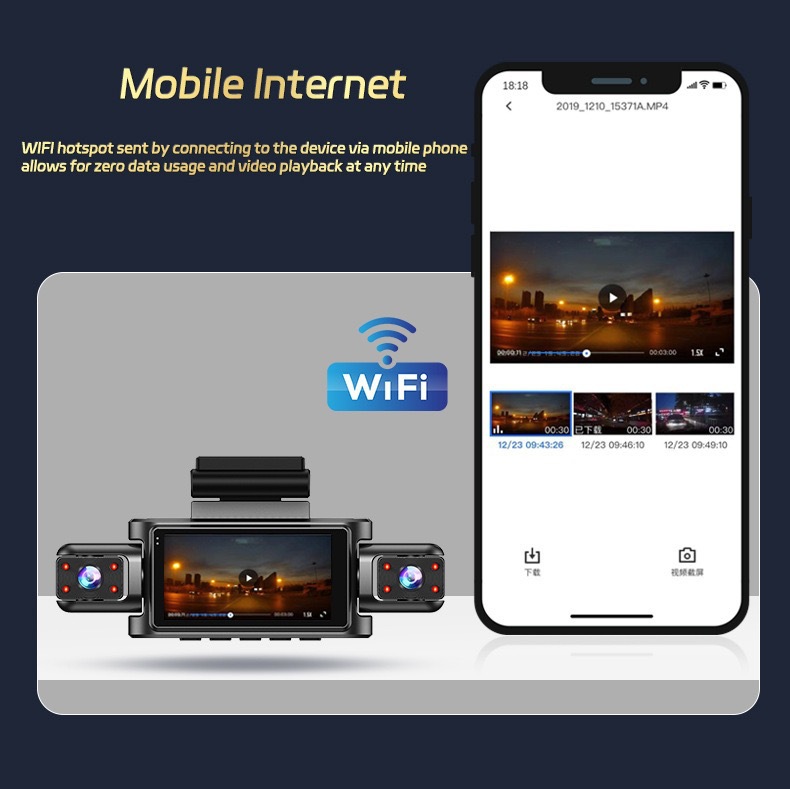 Cross-Border 3.0inch Hd Dash Cam with Four Cameras, Wifi Mobile Phone Connectivity, High-Definition Night Vision, Four-Lens Video Recording