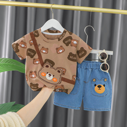 Children's clothing, boys' summer clothing, stylish full-print bear suit, baby's summer handsome and cute short-sleeved baby clothes