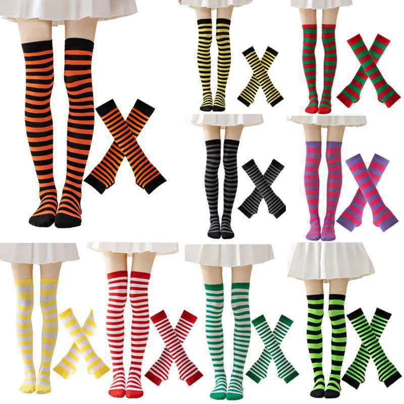 Cross-Border European and American Women's Christmas Holiday Party Cosplay Striped Colorful Over-The-Knee Socks, Arm Warmers, and Gloves Set