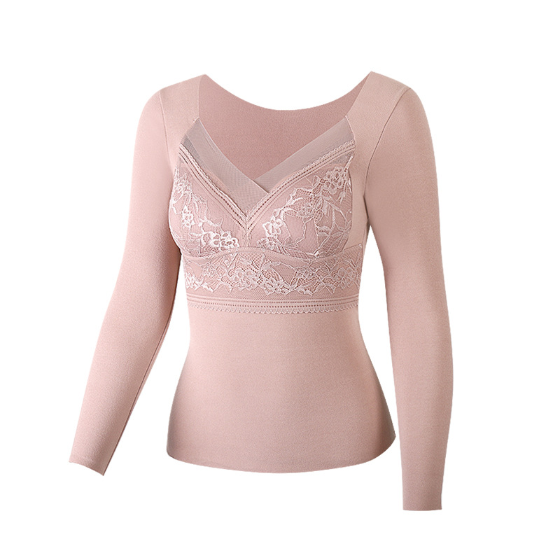 Nuevo encaje terciopelo cálido de manga larga de las mujeres de la almohadilla del pecho fijo desgaste exterior delgado sin costuras de manga larga caliente superior para las mujeres