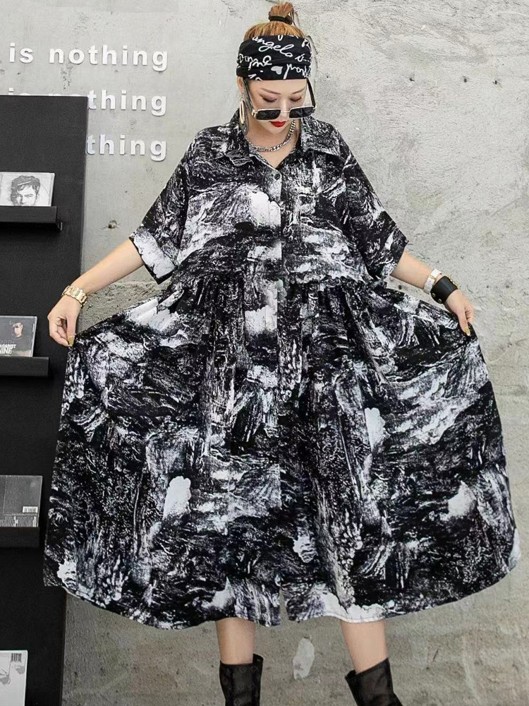 Europe station Dress Sense of design Lapel painting printing Mosaic Large temperament skirt