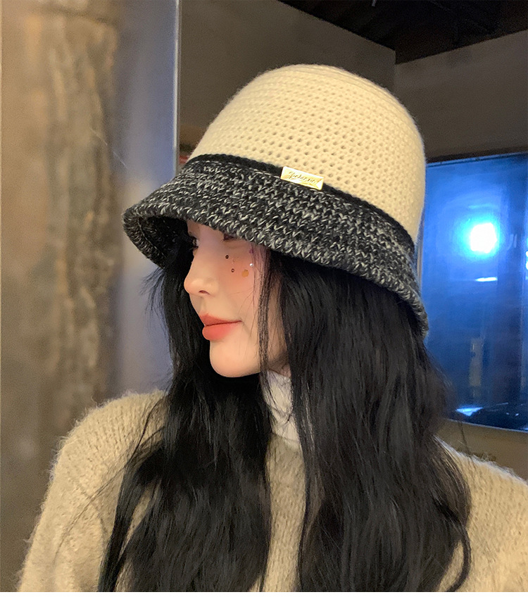 Cappello da scodella coreano lavorato a maglia coreano da donna per l'autunno e l'inverno Calore all'aperto Piccola folla Clip a colori Sfilata di moda Volto piccolo_voghion.com