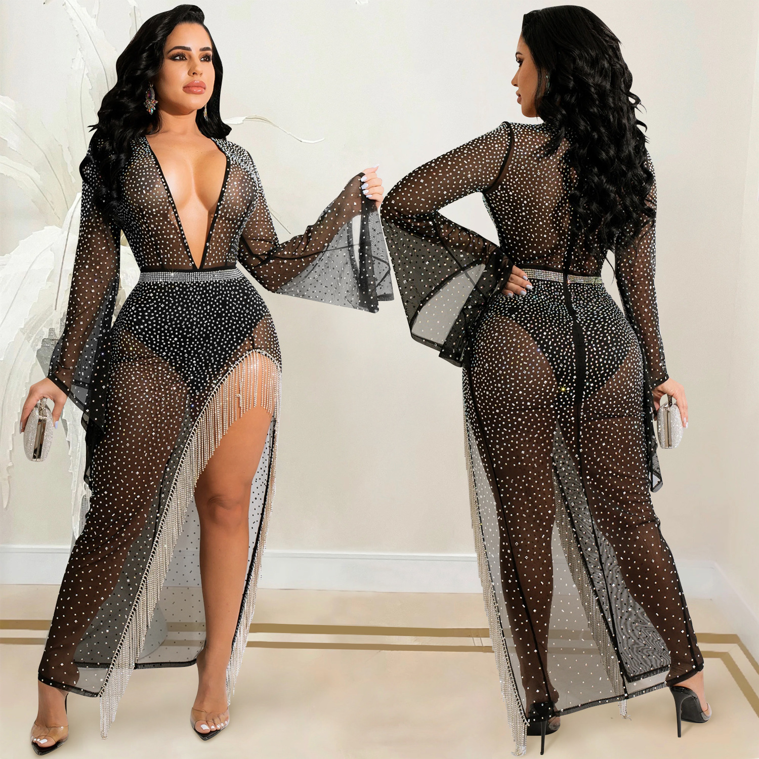 X5597 AliExpress moda sexy discoteca caliente rhinestone profundo V manga ancha irregular split borla vestido de las mujeres