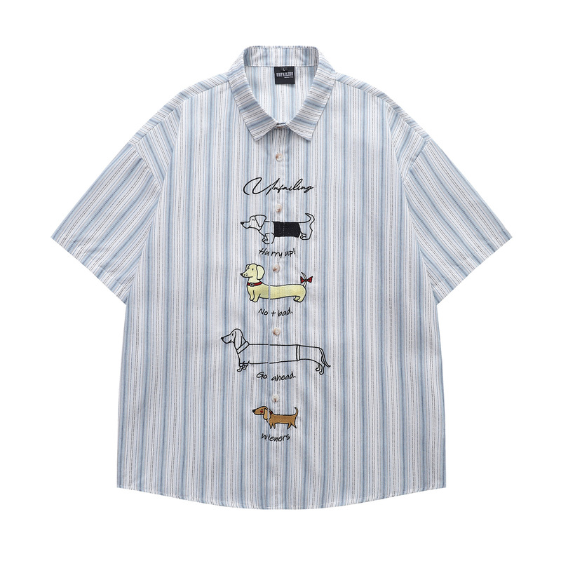 夏日本のレトロな漫画ダックスフント刺繍縦ストライプ半袖シャツメンズルーズカジュアルカップルシャツ|undefined