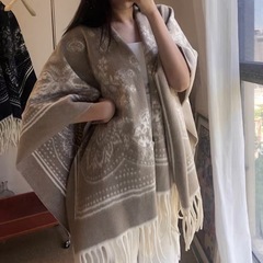 新款秋冬腰果花卉开叉保暖仿羊绒流苏披肩外搭女高级氛围感围巾