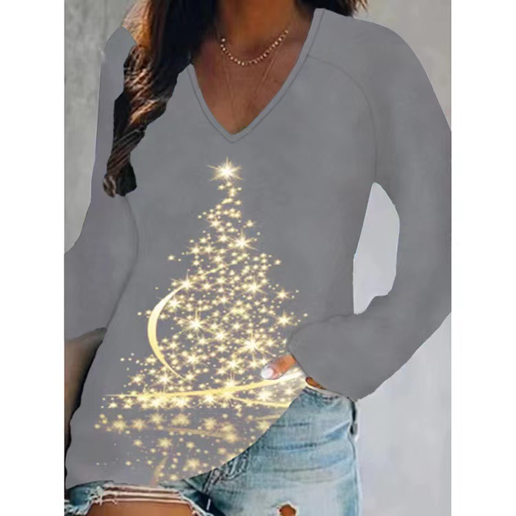 امرأة تي شيرت كم طويل البلوزات طباعة غير رسمي شجرة عيد الميلاد display picture 4