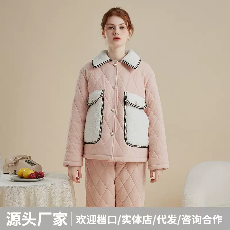 特厚省服棉服三层夹棉睡衣外穿女纯棉冬季加绒加厚保暖家居服套装