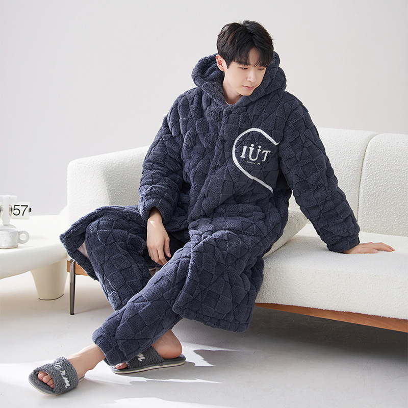 Pijamas de invierno para hombre 2024, bata acolchada de tres capas de longitud media, forro polar coral cálido con capucha, informal y grueso para uso exterior