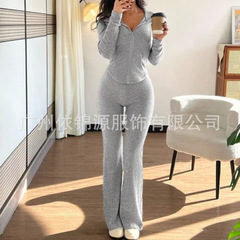 2025欧美跨境外贸女士修身春秋休闲拉链上衣长裤舒适套装