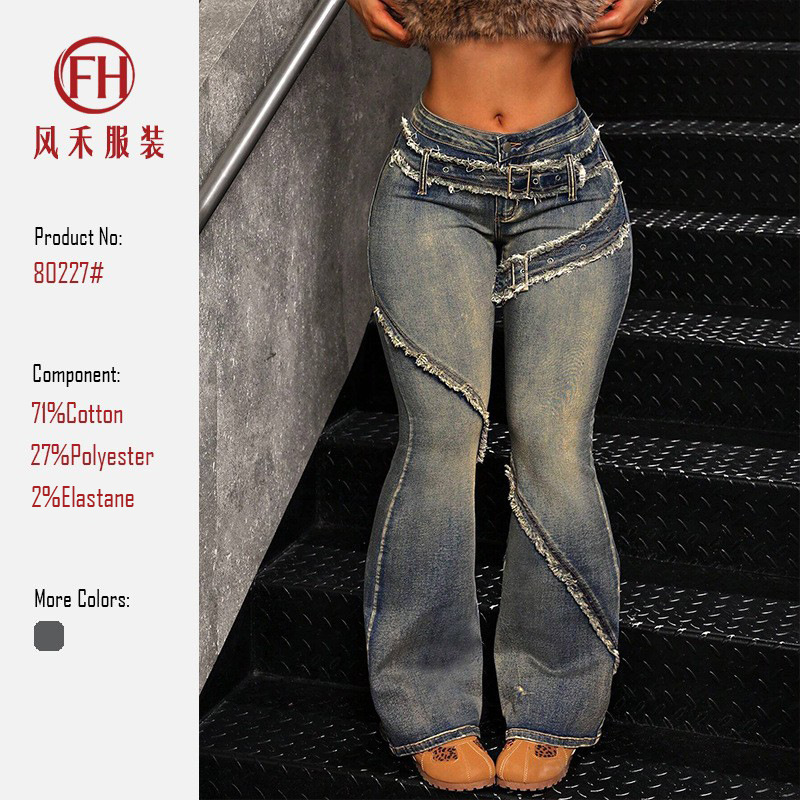 Source Factory 26 Hot-Selling Retro European and American Style Frayed Hem Flared Jeans for Women, Street Style Long Pants, Floor-Length Pants