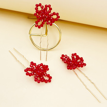 跨境diy三件套水晶盘发头饰多色简约女士U型发簪婚纱结婚新娘头饰