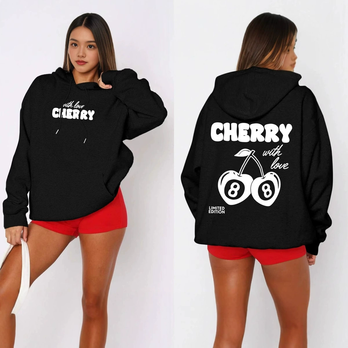 Полиэстер EZwear CHERRY WTITE FOX Повседневный вишневый алфавитный толстовка с капюшоном